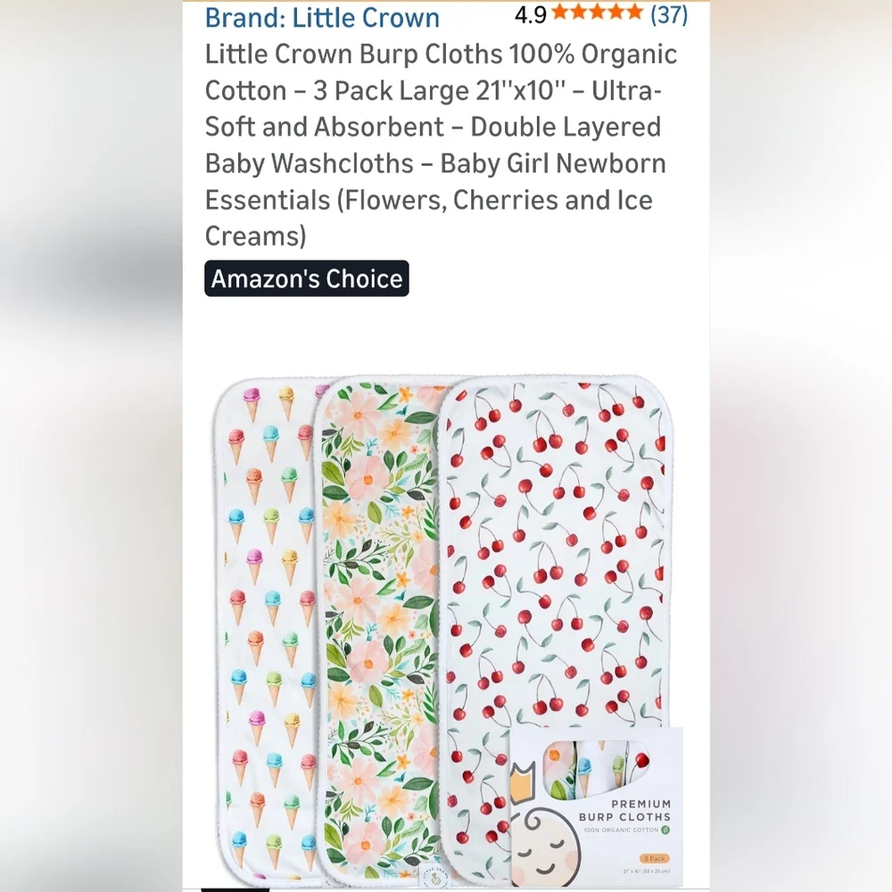 Cherries, Flowers, & Ice Cream Cones Baby Burp Cloths By Little Crown Co.